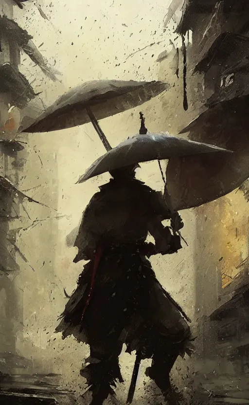 Prompt: samurai in rain, arcane, by fortiche, by greg rutkowski, esuthio, craig mullins