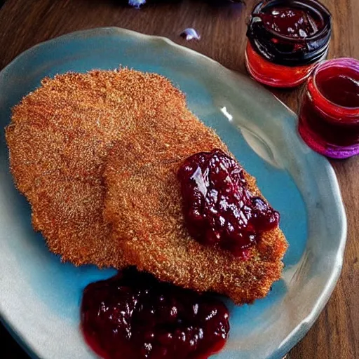 Prompt: epic illustration of a breaded steak with jam!!!!! and a `blue flower`!!!!!!!!!!!!, best on artstation, cgsociety, much detail, much wow, masterpiece