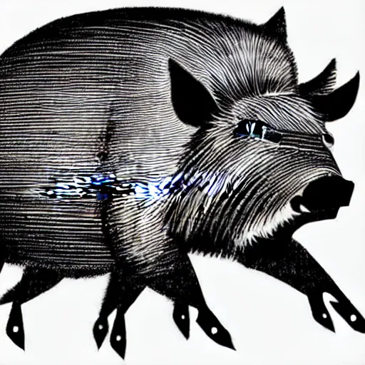 Prompt: book illustration of a wild boar dancing. the boar has shades. book illustration, monochromatic, white background, black and white image