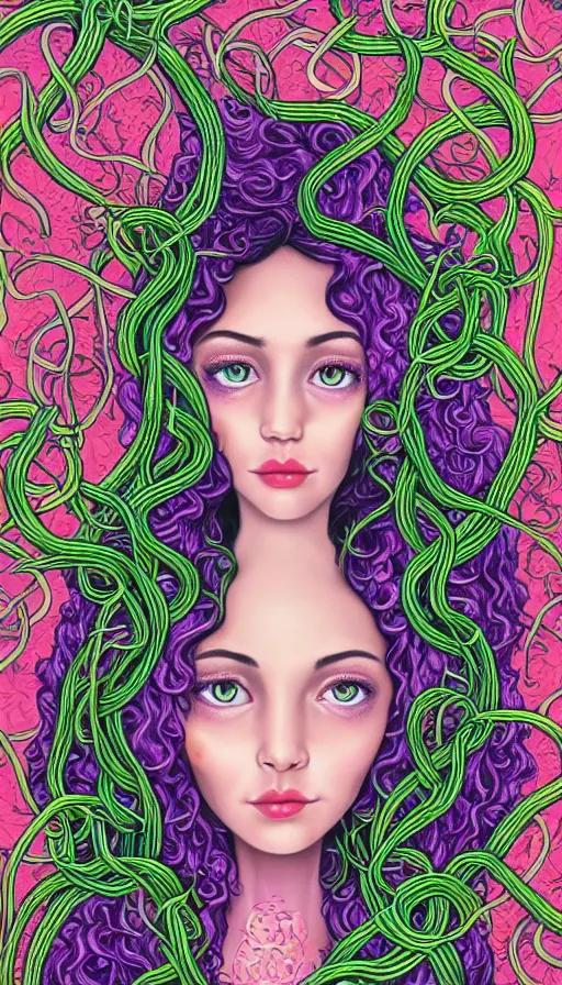 Image similar to very detailed portrait of a 2 0 years old girl surrounded by tentacles, the youg woman visage is blooming from fractal and vines, by lisa frank,