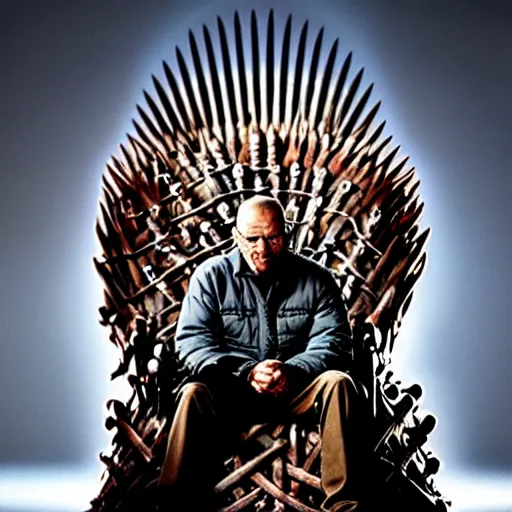 Image similar to “Intricate 4K photo of Walter White sitting on the Iron Throne from Game of Thrones, award-winning crisp details”