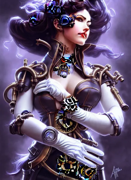 Image similar to front portrait hiding hands pose of attractive Lady Mechanika with wavy hair using white gloves, hands behind her!, Intricate steampunk imagery , D&D!, fantasy style, sharp focus!, ultra detailed, art by Artgerm and Peter Andrew Jones, WLUP