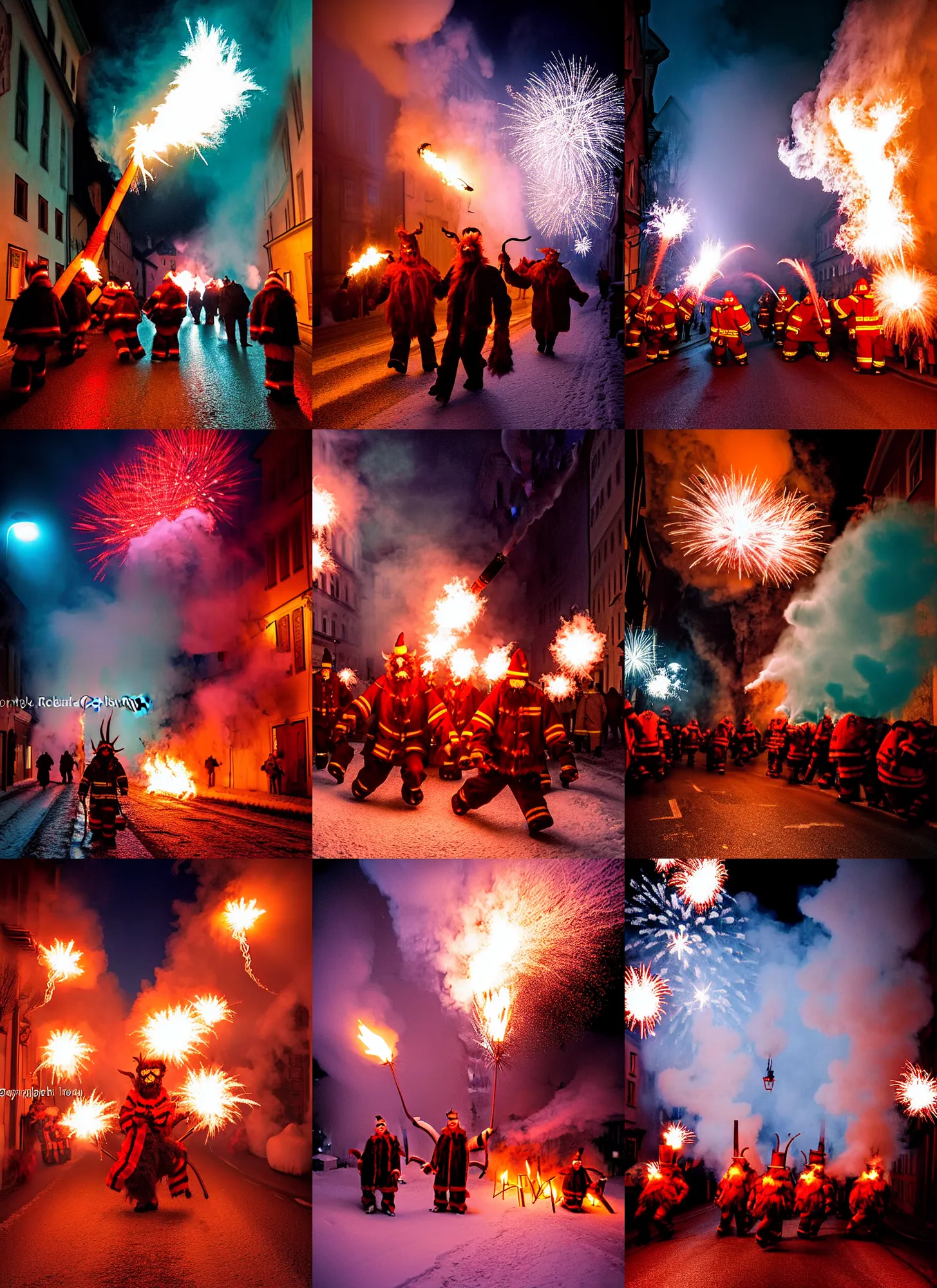 Image similar to kodak portra 4 0 0, winter, hellfire, award winning dynamic photograph of a bunch of hazardous krampus between exploding fire barrels by robert capas, motion blur, in a narrow lane in salzburg at night with colourful pyro fireworks and torches, teal lights