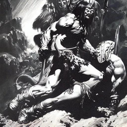 Image similar to Conan the barbarian rescuing damsel in distress by Frank Frazetta