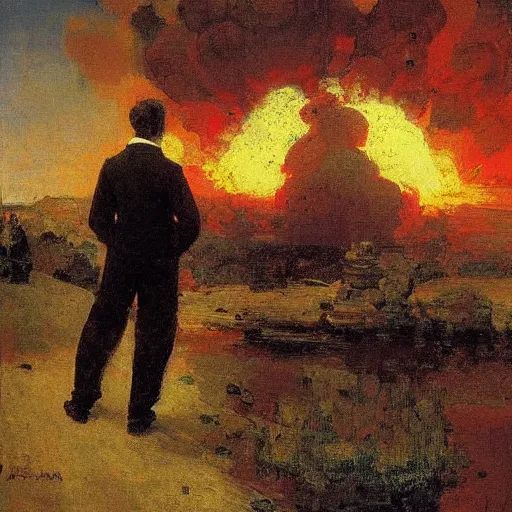 Image similar to high quality high detail painting by ilya repin, man standing in front of huge explosion, hd