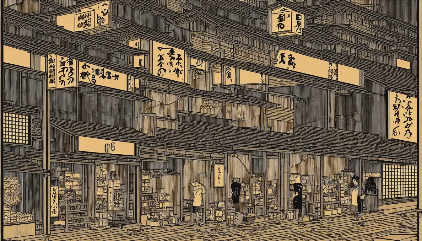 Prompt: old japanese shops by dan mumford and peter doig and edward hopper, symmetrical, minimal, black ink, thick lines highly detailed, muted colours 8 k