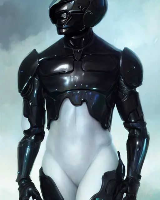 Image similar to iridescent sinewy smooth muscular male sleek glossy black pearlescent scifi armor with smooth black featureless helmet, by greg rutkowski, mark brookes, jim burns, tom bagshaw, magali villeneuve, eve ventrue, trending on artstation