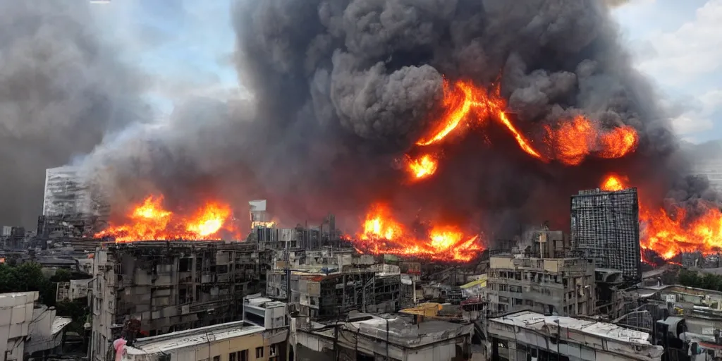 Prompt: wide angle photo, a epic side robot pig machine breaking down buildings on fire in a city, in the style of a kaiju monster movie