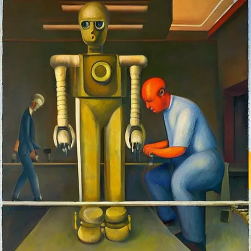 Image similar to human workers being reprogrammed at a mind control center, robot guards, grant wood, pj crook, edward hopper, oil on canvas