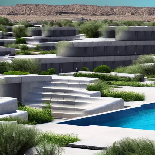 Image similar to architectural rendering of brutalism habitat 6 7 in the desert, biophilia mood, pool, garden