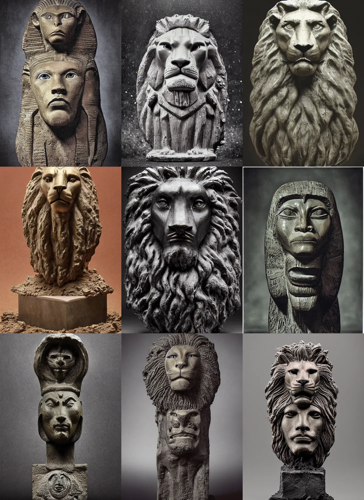 Prompt: wet plate photography egyptian jason momoa lion head statue, beksinski