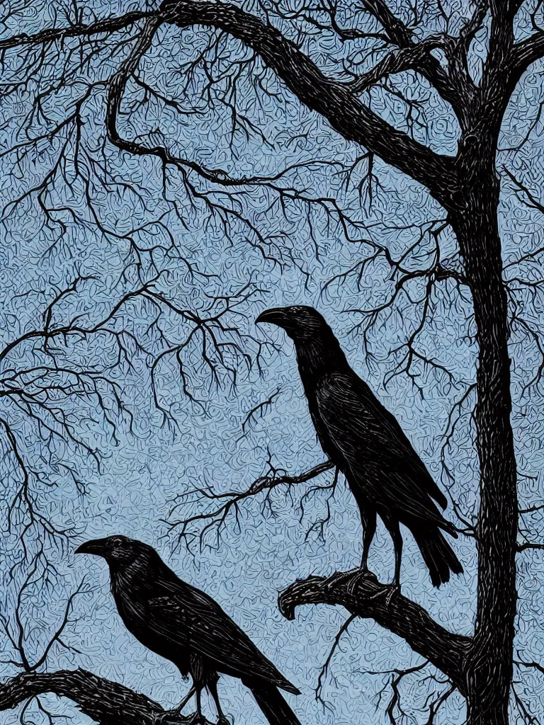 Prompt: Illustration of a crow perched up on a tree branch, Dan Mumford, Brock Hofer, trending on artstation