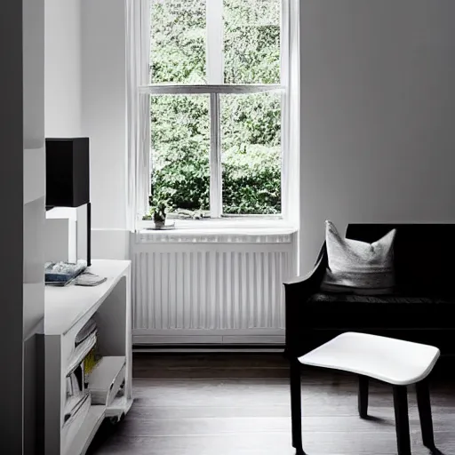 Image similar to “minimalistic alcove with white walls and small table and chair, the table and chair are white, there is a bay window in the alcove and outside the window is a snowstorm. Soft lighting. Photorealistic. Ultra HD. In the style of an interior design magazine spread”