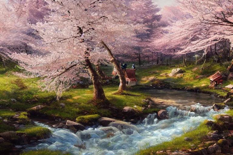 Prompt: A beautiful painting of an improvised wooden village stacked and nestled among cherry blossom trees over a babbling creek, painted by ivan shishkin and arkhip kuindji, trending on artstation, matte painting