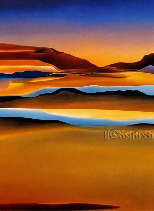 Image similar to high detailed oil painting of sunrise in desert painted by salvador dali