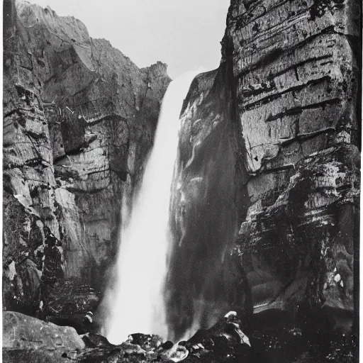 Prompt: a giant water fall in between two mountains with gigantic alien faces sculpted in each Montaigne, photoshoot, 1940's photography, old grain