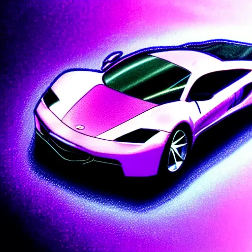 Image similar to a supercar in a dark studio room, vaporwave theme. Microscopic view. Tanzanite, Opal, Kunzite paintjob. in the style of artgerm.