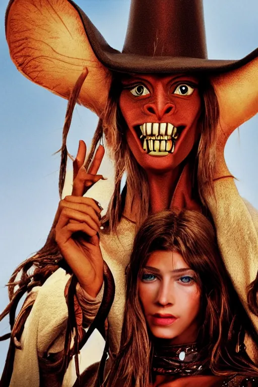 Prompt: film still of jar jar binks as a female cowgirl, long eyeslashes, huge juicy lips, big seductive eyes, dolce & gabbana campaign, shot by mario testino, realistic vfx simulation