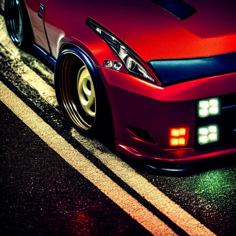 Prompt: close-up-photo Nissan Z32 turbo illegal roadside night meet, work-wheels, Shibuya Shibuya, cinematic colors, photorealistic, highly detailed, night photography