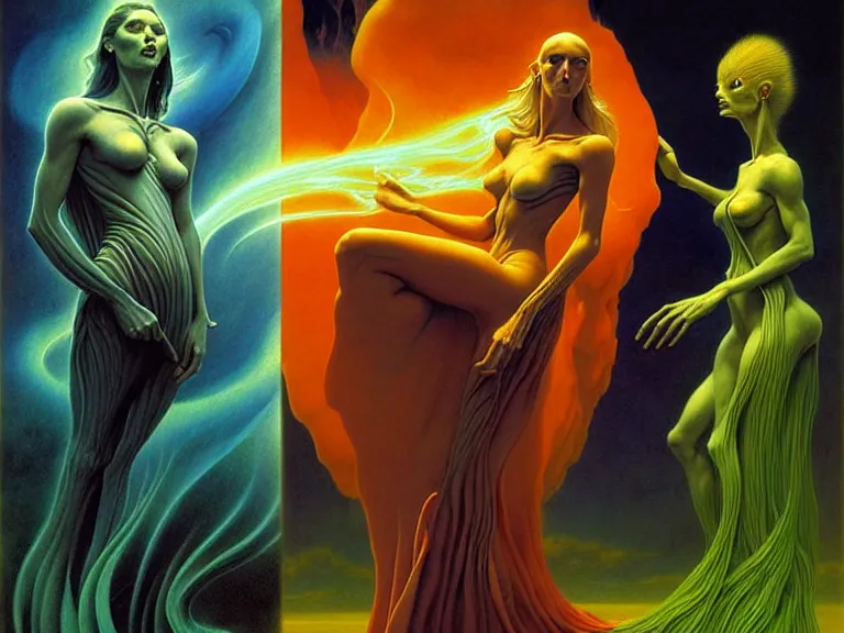 Image similar to the female arcanist and the male artificer by boris vallejo and roger dean and brom and zdzisław beksinski and greg staples and louis janmot, beautiful, flowing magical robe, highly detailed, hyperrealistic, intricate, energy, electric, blue flame, low light, green crystal, high contrast, old and young, lifelike