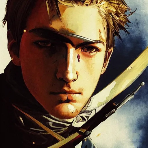 Image similar to portrait of a white young hero holding his sword in front of his face by yoji shinkawa, high quality, extra details, realism, ornate, colored, golden chain, blood, white skin, short hair, brown eyes, vivid, sunlight, dynamic, american man, freedom, white american soldier, painting