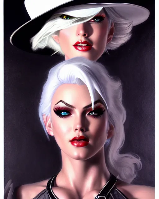 Image similar to ashe from overwatch, white hair, black cowboy hat, character portrait, portrait, close up, highly detailed, intricate detail, amazing detail, sharp focus, vintage fantasy art, vintage sci - fi art, radiant light, caustics, by boris vallejo