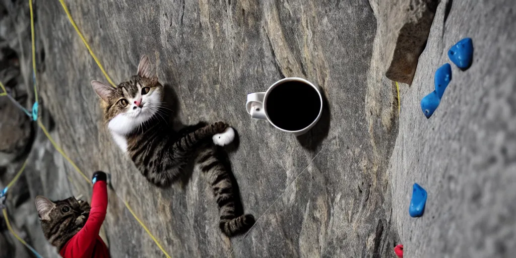 Image similar to an award winning wide photo of, a professional chambionship rock climbing cat, drinking a cup of coffee, and holding onto a rop on an indoor rock climbing wall