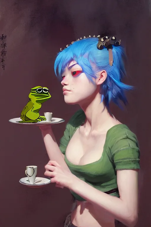 Image similar to portrait of a punk girl on a date with pepe! the frog! drinking coffee in the style of fenghua zhong and ruan jia and jeremy lipking and peter mohrbacher, extremely detailed digital painting, 8 k, natural lighting