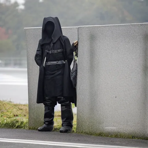 Prompt: a mysterious figure inspecting a german traffic barrier