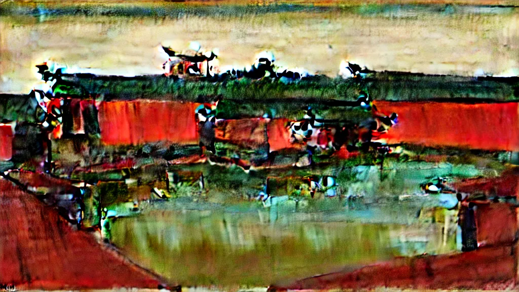 Image similar to a chinese prison near a river by peter doig, muted colors