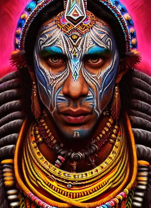 Image similar to portrait of suraj sharma, hyper detailed ultra sharp aztec shaman warrior. trending on artstation, warpaint aesthetic, bloodwave, colorful, psychedelic, ornate, intricate, digital painting, concept art, smooth, sharp focus, illustration, art by artgerm and greg rutkowski and h. r. giger, 8 k