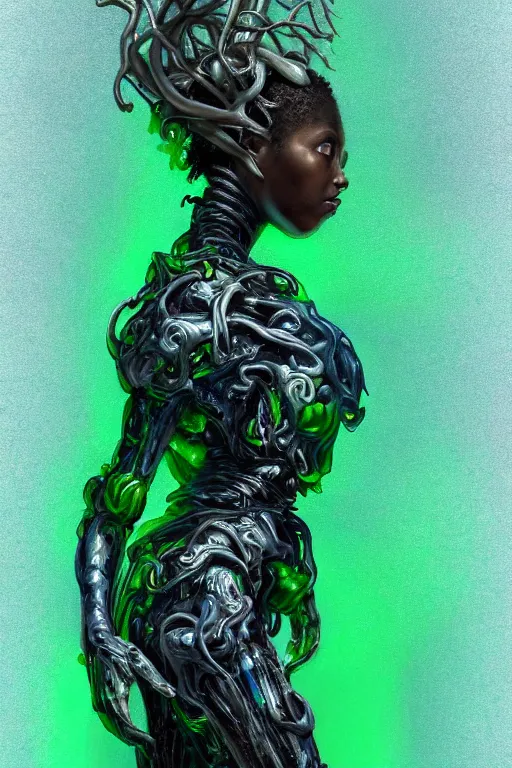 Image similar to hyperrealistic post - baroque super expressive! black woman with exoskeleton armor, merging with tree in a forest, highly detailed digital art masterpiece smooth cam de leon eric zener dramatic pearlescent blue green light ground angle hd 8 k sharp focus