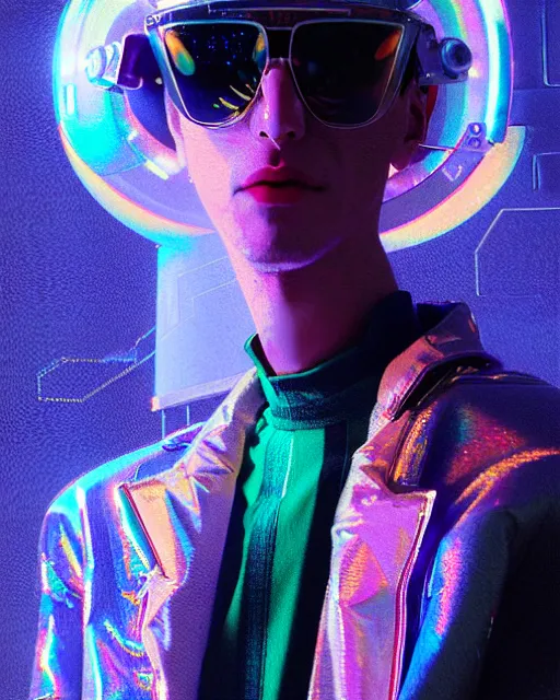 Prompt: detailed portrait of European Pale Blonde hair Stylish Guy Sheen Holographic Jacket coat, Futuristic sci-fi fashion, royal attire Akira, Evangelion, cyberpunk, neotokyo, synthwave, aesthetics, futuristic, low-emission-neon, bladerunner movie scene by ismail inceoglu dragan bibin hans thoma greg rutkowski Alexandros Pyromallis Nekro Rene Margitte illustrated Perfect face, fine details, realistic shaded, fine-face, pretty face sharp chine