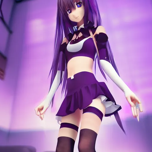 Prompt: a very beautiful 3d anime girl in a room, wearing thigh highs socks, unreal engine 5 4k render, hazler eyes, cute smile, trending on artstation, medium shot, long purple hair