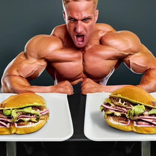 Image similar to a very vascular, sweaty body builder angrily eating a squid sandwich, while sitting at a table with a large squid on top.