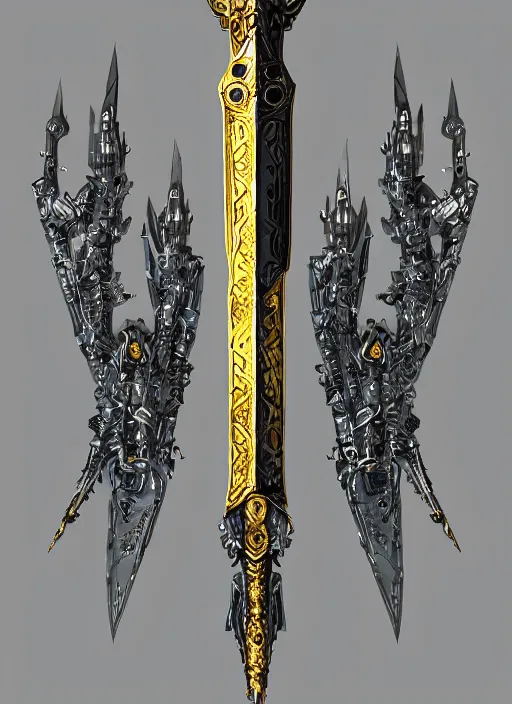 Prompt: legendary glowing sword of cybernetic technology, intricate, sharp black and iridescent blade, ornate gothic baroque spikes coming out, colorful hilt, vivid detailed realistic, ray tracing, colored gems, golden pommel, artstation, deviantart