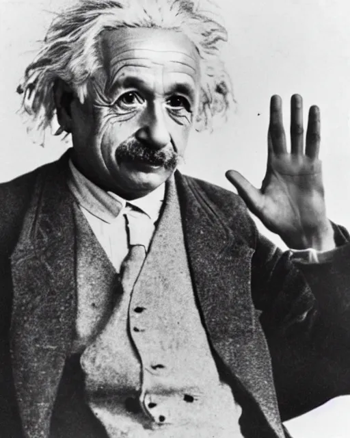 Prompt: an realistic photo of Albert Einstein holding an open palm with 7 fingers
