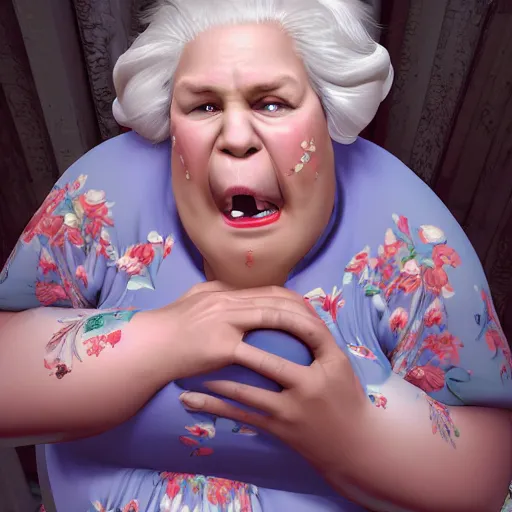 Image similar to of a very funny scene. ambient occlusion render. a sweet fat old woman is in kissing her huge belly. flowery dress. mirror. symmetrical face, red mouth, blue eyes. deep focus, lovely scene. ambient occlusion render. concept art. unreal engine.