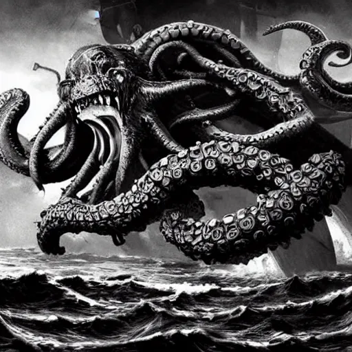 Prompt: kraken devours the ship in the exact style of kentaro miura, 4 k, 8 k, absolute detail of even the smallest details and particles, beautiful shadows, beautiful art, black and white drawing, high rendering of details of faces and characters