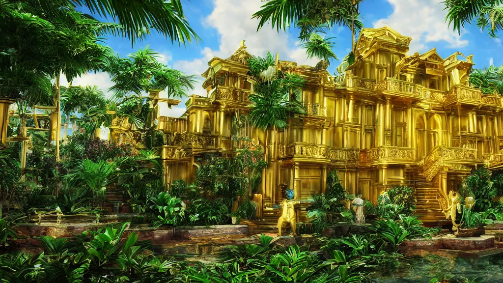 Image similar to golden mansion in a vaporwave jungle, 4k, ultra realistic, award winning photograph