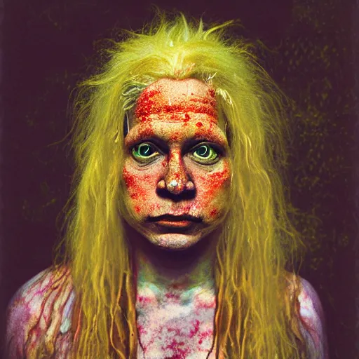 Image similar to realistic expired kodak film portrait of aghori tantrik albino india woman, tentacled creature mix, marigold celestial vibe, hyperrealism, hypermaxiymalism, photorealistic, detailed, atmospheric, 8 k, award winning photography, cinematic