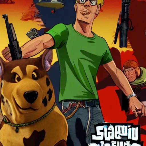 Image similar to Scooby Doo holding a gun in GTA 5, cover art by stephen Bliss, no text, studio lighting, blender, trending on artstation, 8k, highly detailed