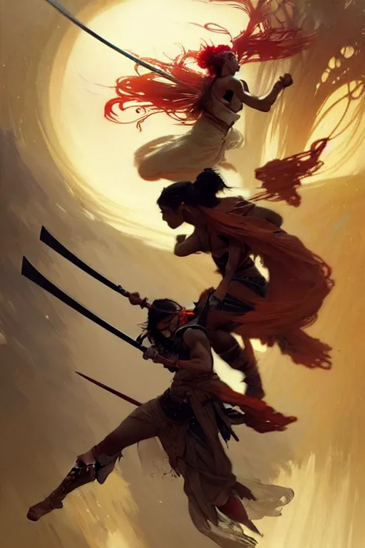 Image similar to An epic fight moment between one a spirit slayer with one female skilled samourai in style of by gaston bussiere, and craig mullins and greg rutkowski and alphonse mucha, awesomenes , concept art world,