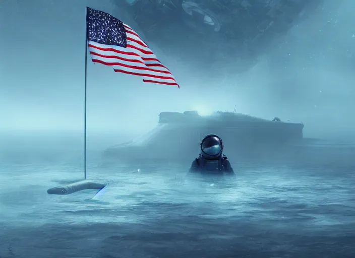 Image similar to astronaut holding a flag in an underwater desert. a submarine is visible in the distance. dark, concept art, cinematic, dramatic, atmospheric, 8 k, trending on artstation, blue, fish, low visibility, fog, ocean floor, christopher nolan, interstellar