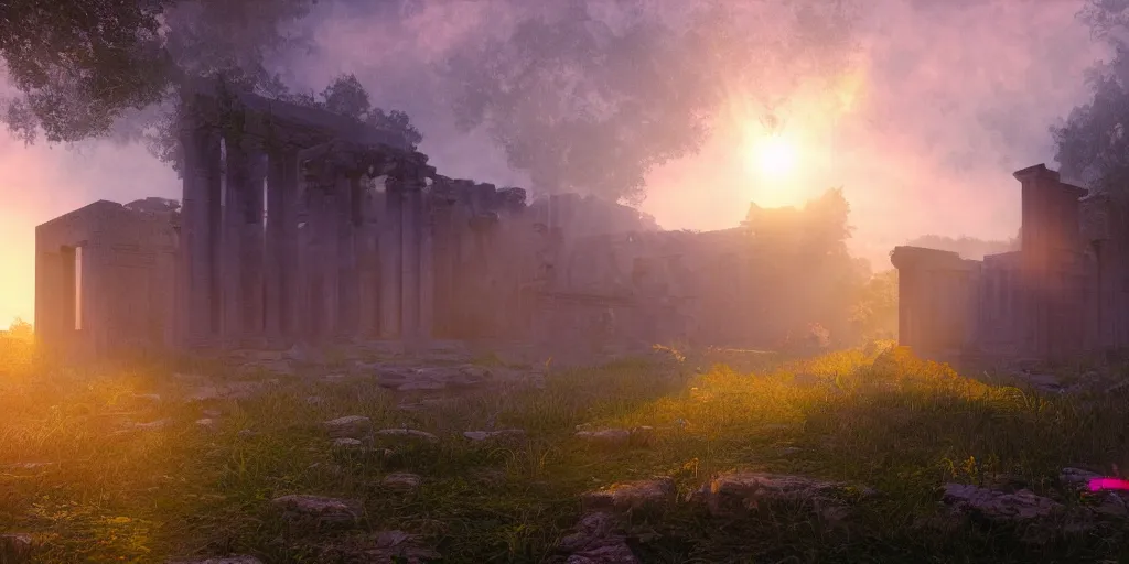 Image similar to mystical ruins, volumetric lighting, sunrise, vivid, fog, digital art