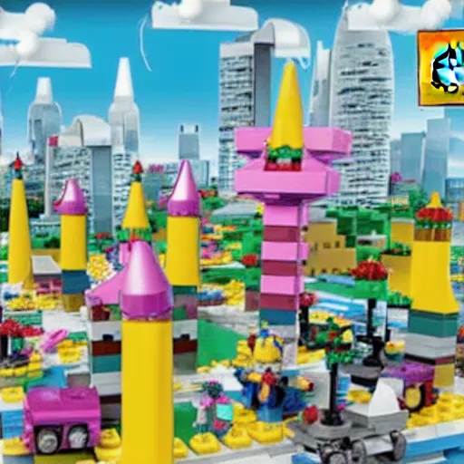 Image similar to unicorns drop giant blocks of cheese on lego city