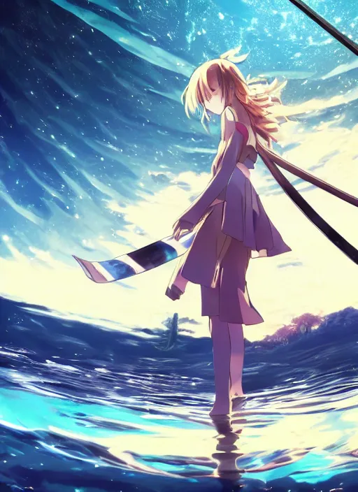 Image similar to a beautiful anime girl walking on water holding a beautiful katana, ripples, backdrop of dawn, giant planets in the background, anime illustration from genshin impact from demon slayer from jujutsu kaisen, concept art, anime, key visual, trending pixiv fanbox by wlop and greg rutkowski and makoto shinkai and studio ghibli