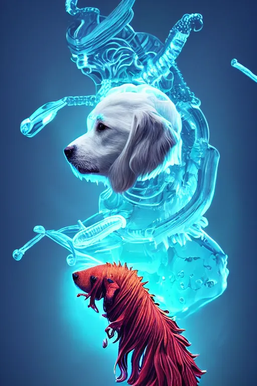 Image similar to 3 d dog as god close - up profile portrait with crown, betta fish, jellyfish phoenix, bio luminescent, flowing hair, muscular, partial anatomy, caesar victorious, plasma, ice, water, wind, creature, artwork by tooth wu and wlop and beeple and greg rutkowski