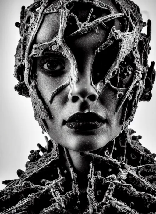 Prompt: a young female cyborg bust made of ice and fire and mud, dramatic, ilford hp 5, closeup - view, f / 2. 8, high contrast, 1 6 k, fluorescent lamp, contre - jour, insanely detailed and intricate, hypermaximalist, elegant, ornate, hyper realistic, super detailed