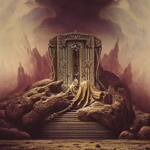 Image similar to the throne of illusion | highly detailed matte painting, hyperrealistic, very intrincate | cinematic lighting, award - winning | by rachel ruysch, giger, beksinski and bocklin | by austin osman spare and william blake, trending on artstation, cgsociety, official art, octane.